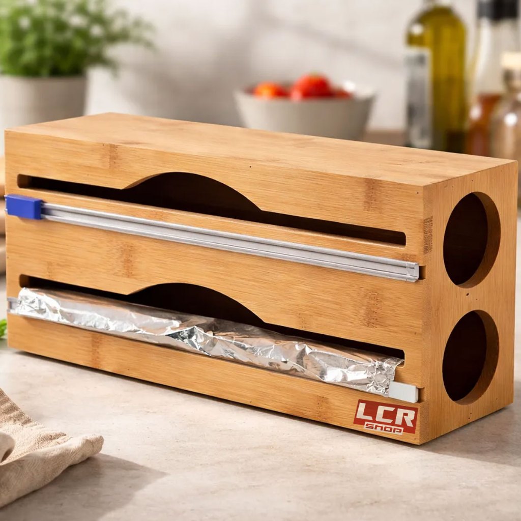 Porta Rolo Duplo Organizador Bambu Papel Alumínio Filme PVC Cortador Dispenser Cozinha Suporte