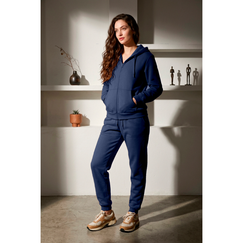 Conjunto Moletom Feminino Manga Comprida e Calça Com Zíper e Capuz Para o Frio 495