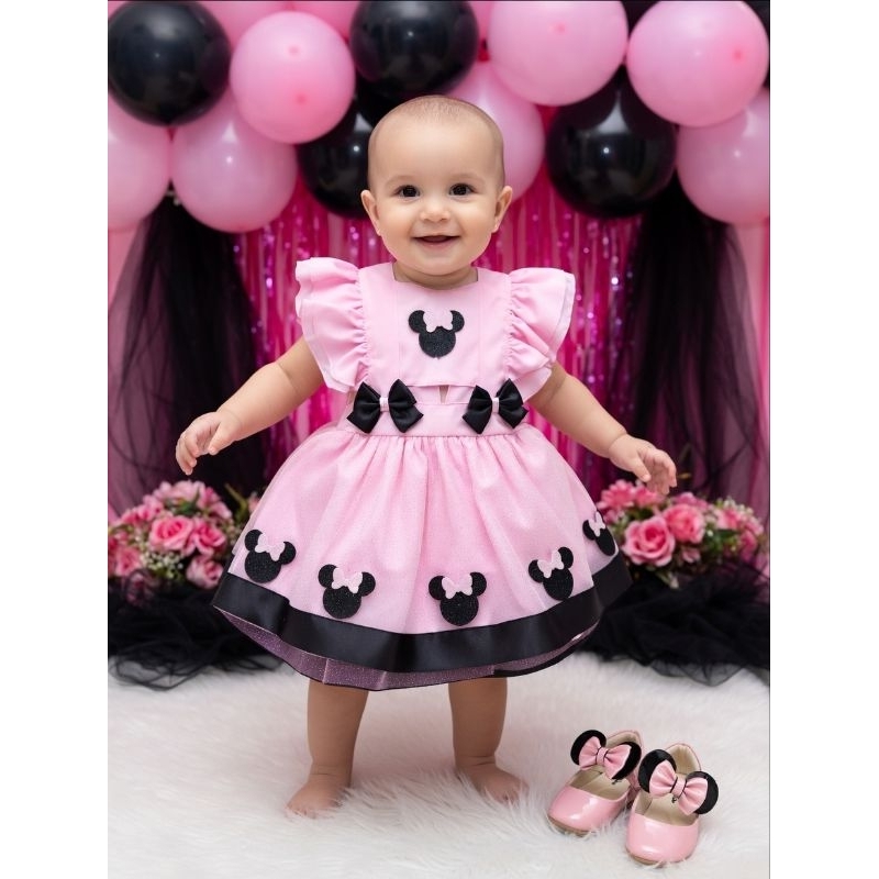 Romper Vestido Minnie Minie Rosa festa infantil aniversário temático