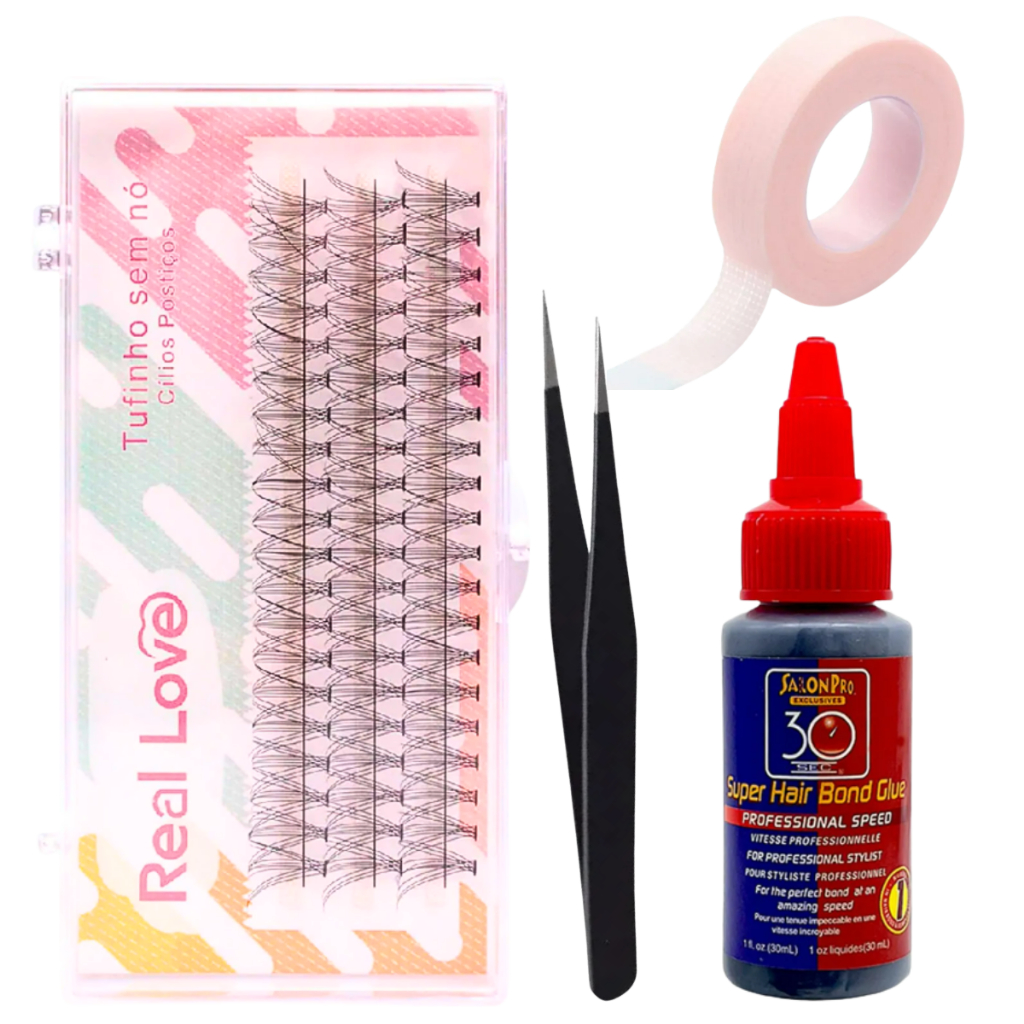 Kit Extensão de Cílios Tufinho Real Love Mix + Cola Salon Pro + Pinça + Transpore - Kit Completo Auto Aplicação Profissi