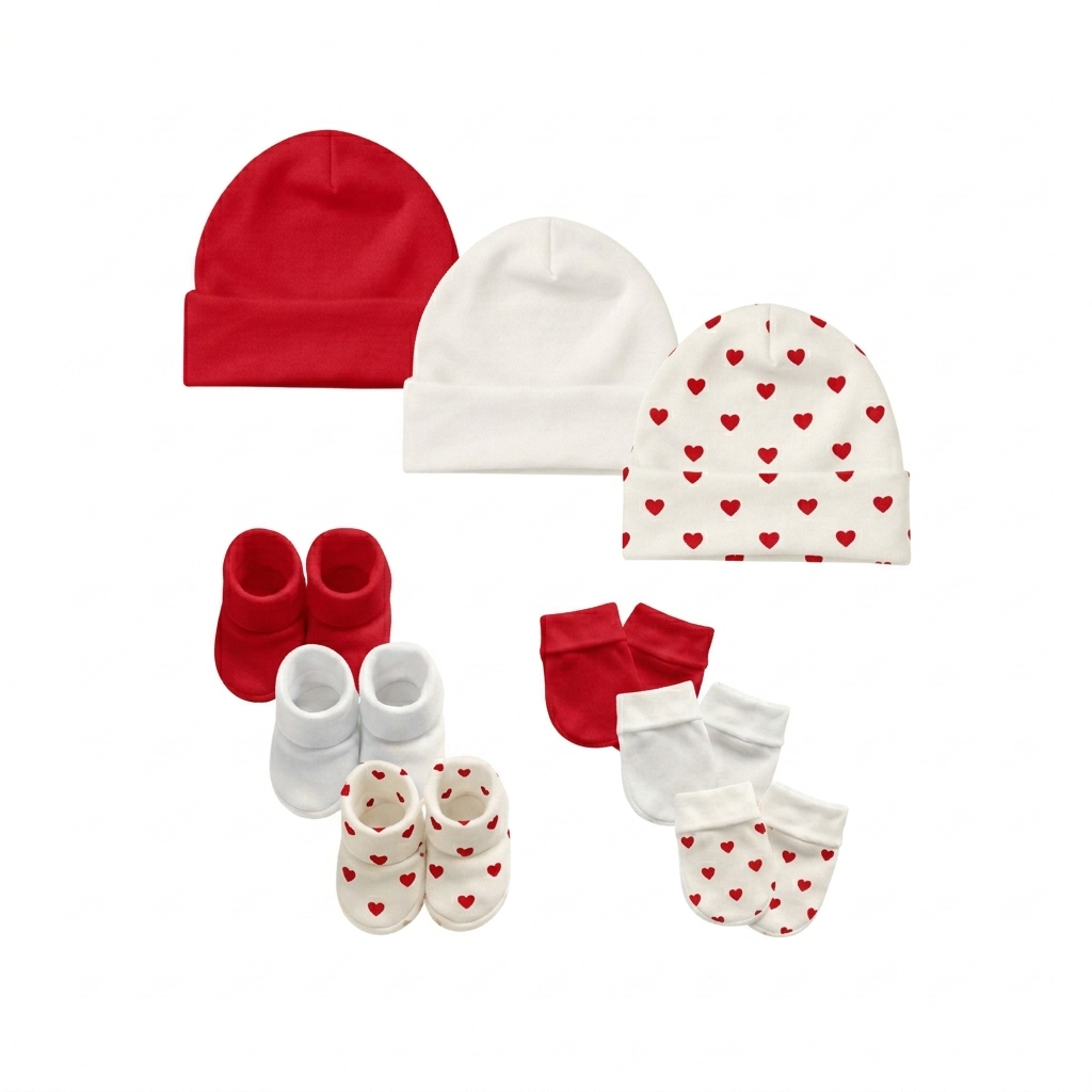 Kit Touca, Luvas e Pantufas Enxoval Bebê Maternidade Menina  - 9 peças em Suedine 100% algodão