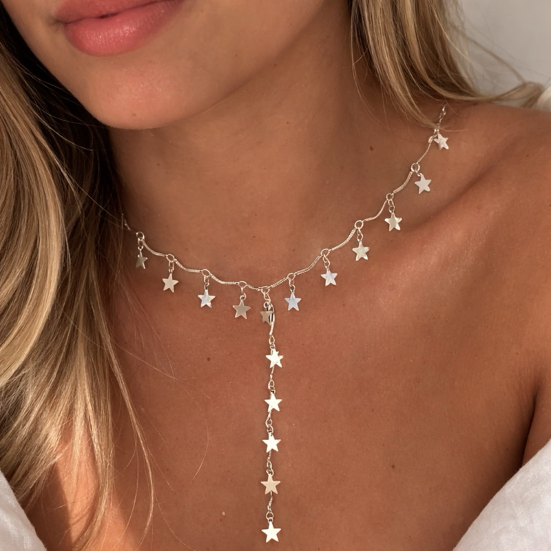 Colar Feminino Estrelas Prateado com Pingente Longo banho em prata 925 – Delicado e Estiloso