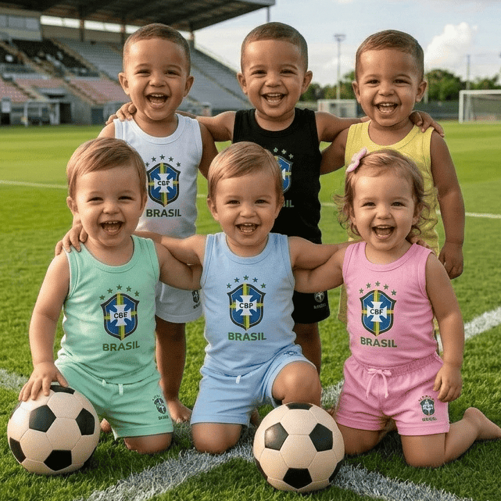 Kit 6 peças 3 Conjuntos Infantil Brasil Bebê Copa do Mundo Algodão Seleção Brasileira Short Camiseta