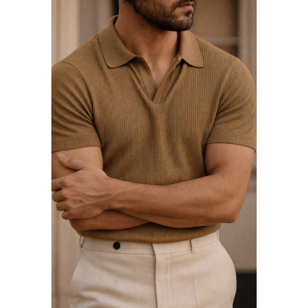 polo texturizada masculina italiana algodão efeito tricô