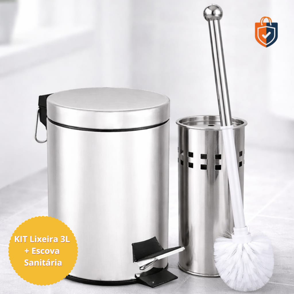 Kit Lixeira Inox 3 ou 5 Litros Pedal + Escova Sanitária Suporte Inox Banheiro Cozinha Limpeza Luxo