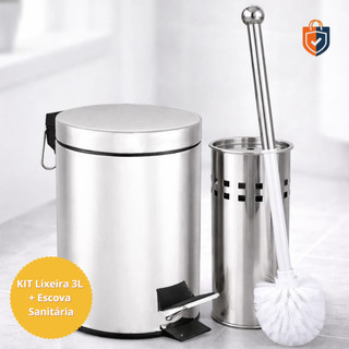 Kit Lixeira Inox 3 ou 5 Litros Pedal + Escova Sanitária Suporte Inox Banheiro Cozinha Limpeza Luxo