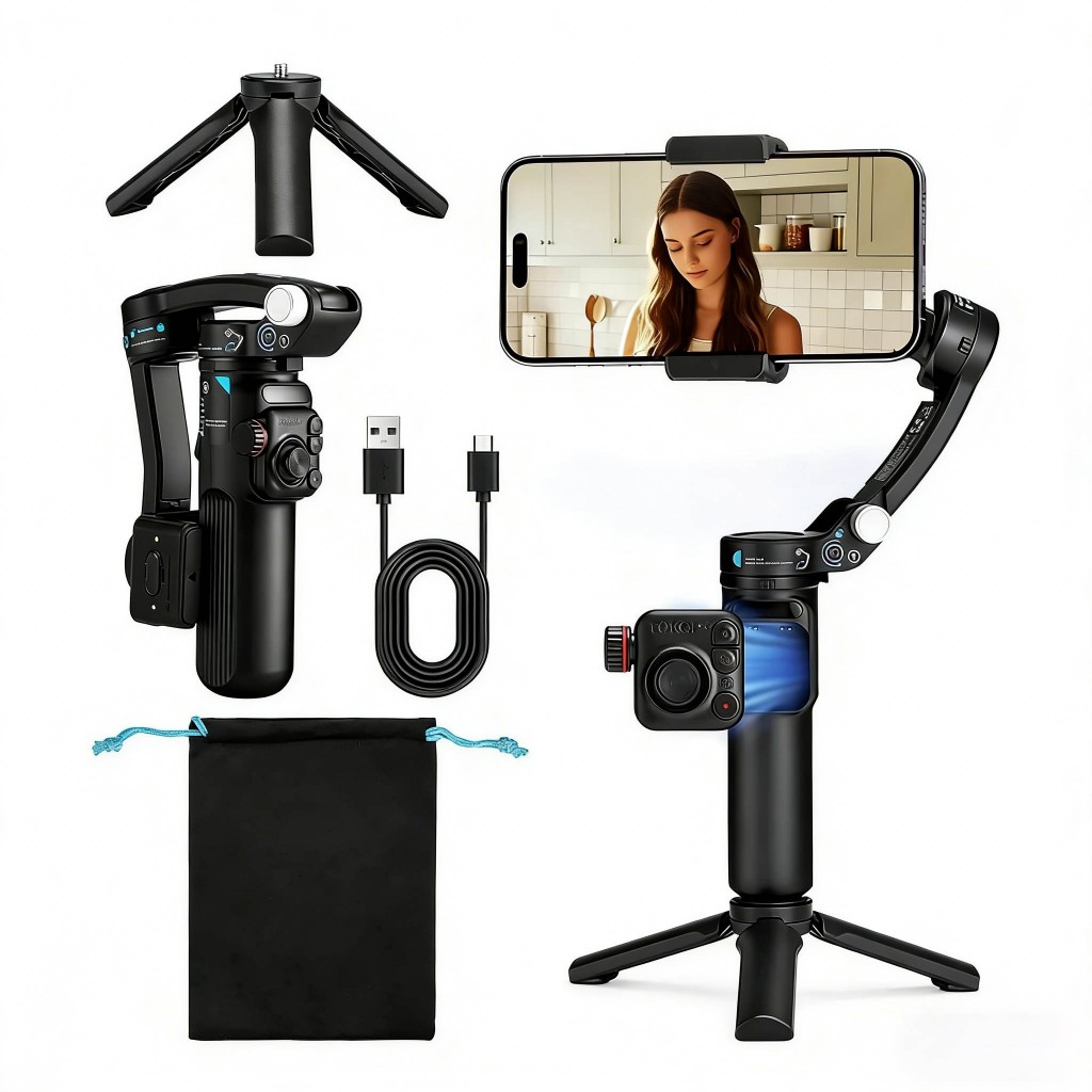 Estabilizador de Celular Portátil Gimbal Rastreamento Com Selfie Facial IA Tripé Dobrável Profissional Vídeos