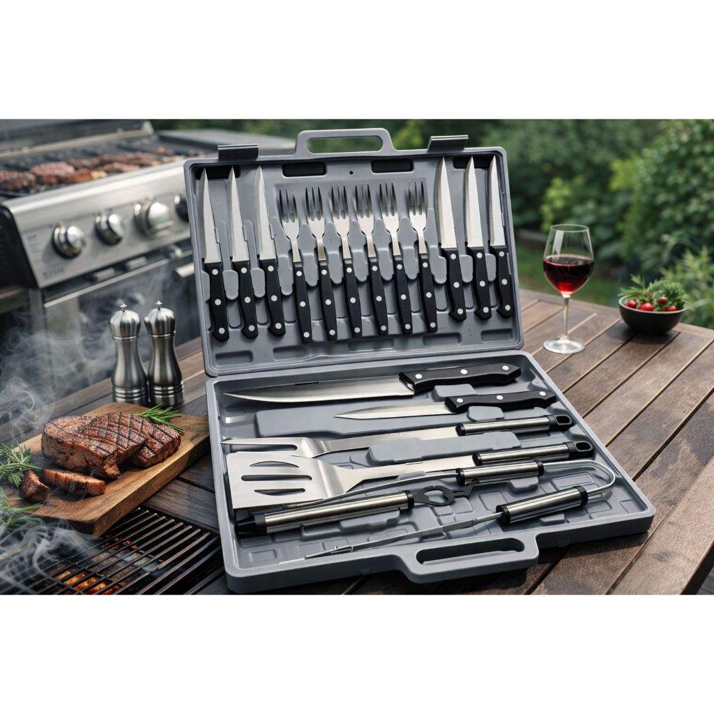 Kit Churrasco maleta 19 Peças Profissional Inox  Jogo de Facas, Garfos Steak e Utensílios Completo