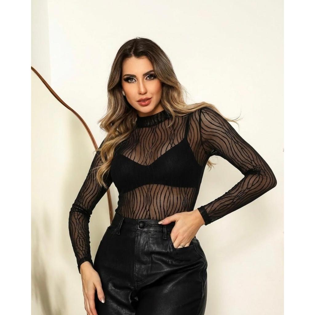 Body Feminino Tule Premium Texturizado Transparente Manga Comprida Show Elegante em Oferta na Shopee