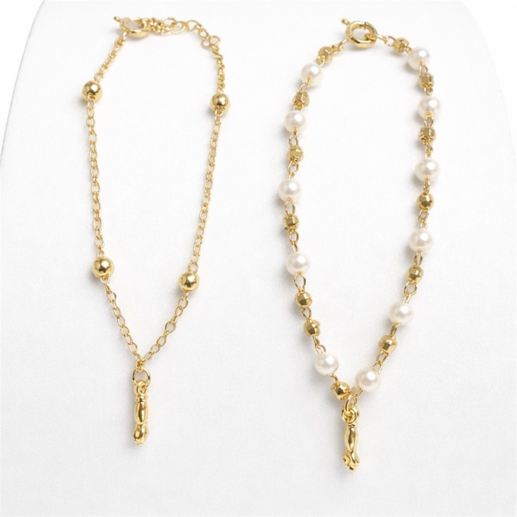 Kit Pulseira Bebê com Figa Pulseira de Bolinha e Pérolas Semijoias Antialérgico, Banhado No Ouro 18k