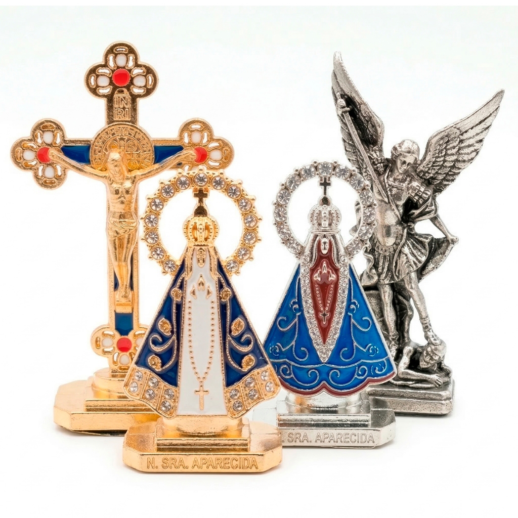 Imagem Religiosa Decorativa Pequena Dupla Face Nossa Senhora Aparecida São Miguel e Jesus 6 a 8 cm