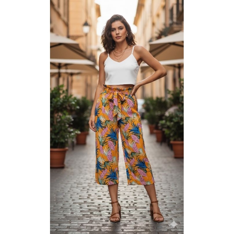 Calça pantacourt estampada tecido de viscose com poliester