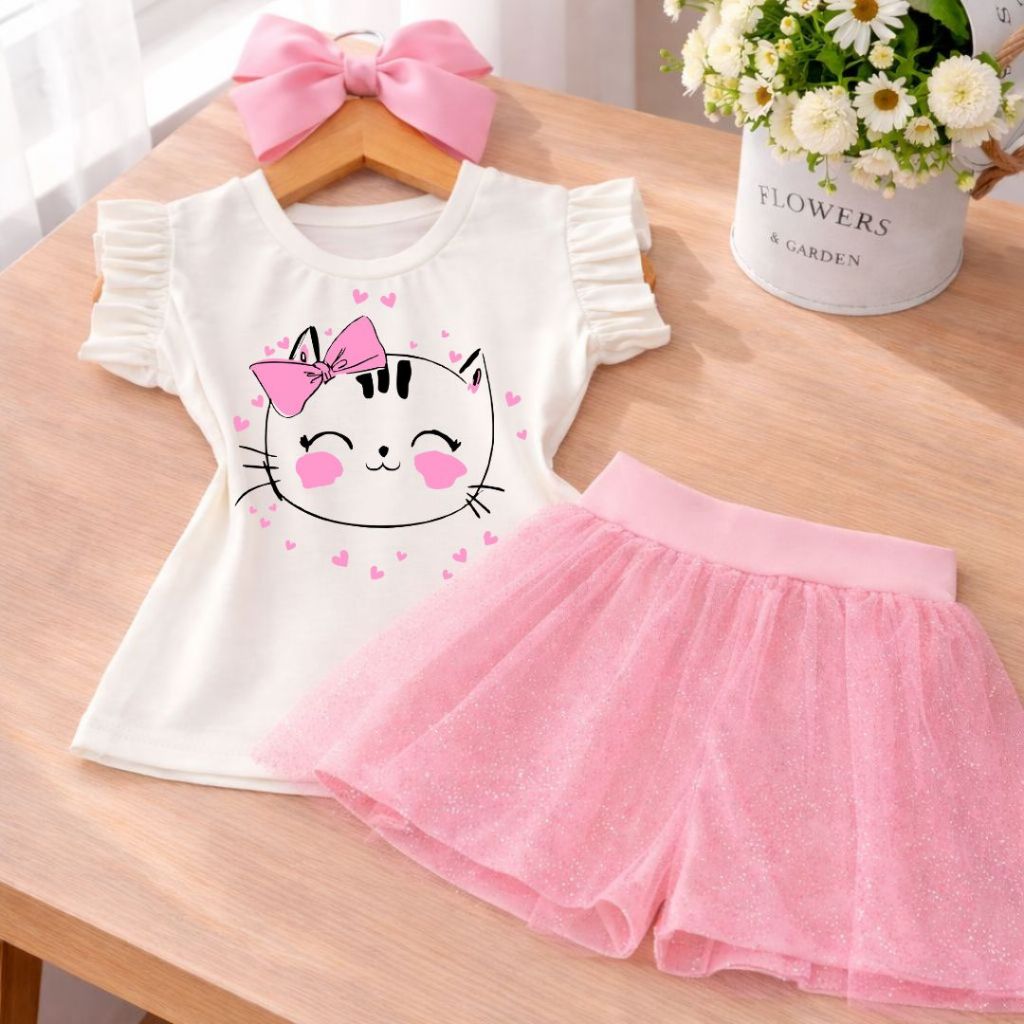 Conjunto Infantil Menina Blogueirinha Tendencia Blusa Off Gatinha coraçoes Short Saia Glitter Rosa Bebê Look Infantil