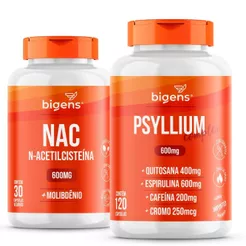 Kit Bigens NAC 600mg 30 Caps + Psyllium Complex 120 Caps | Fibras, Psyllium, Quitosana, Espirulina e Cromo