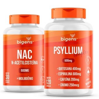 Kit Bigens NAC 600mg 30 Caps + Psyllium Complex 120 Caps | Fibras, Psyllium, Quitosana, Espirulina e Cromo em Oferta na Shopee