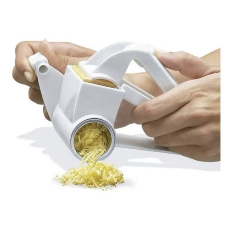 RALADOR DE QUEIJO | MATERIAL: PLÁSTICO E METAL | MANUAL COM MANIVELA 3 EM 1 | 2 LÂMINAS DE AÇO INOX | GIRATÓRIO | CORTAD
