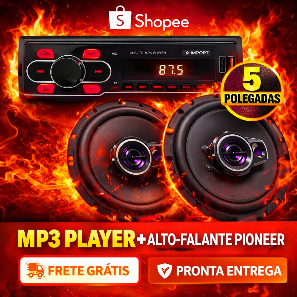 Kit Som Automotivo MP3 Player USB + Alto Falante Pioneer 5 Polegadas Par Rádio Carro FM SD Aux