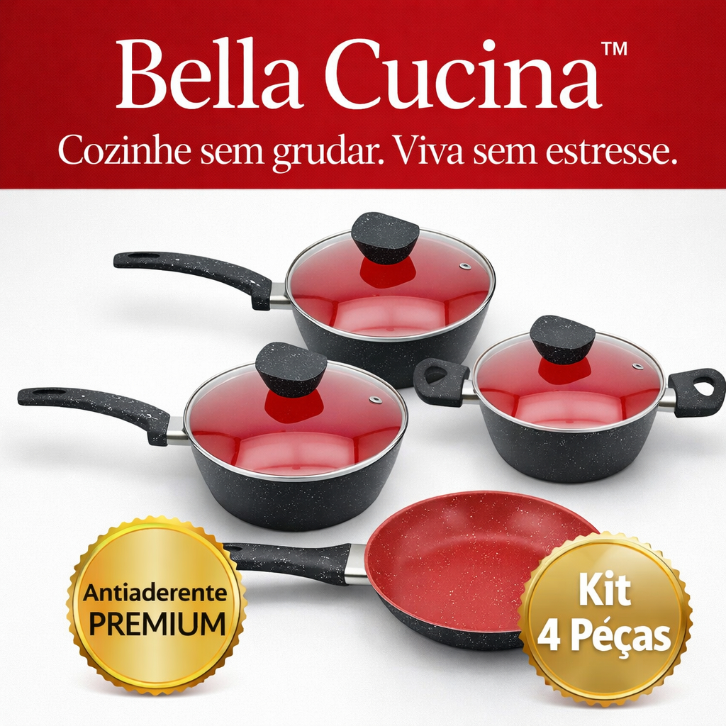 Jogo de Panelas Antiaderente 4 Peças Bella Cucina™ Tampa de Vidro Kit Panelas Cozinha Preto Vermelho