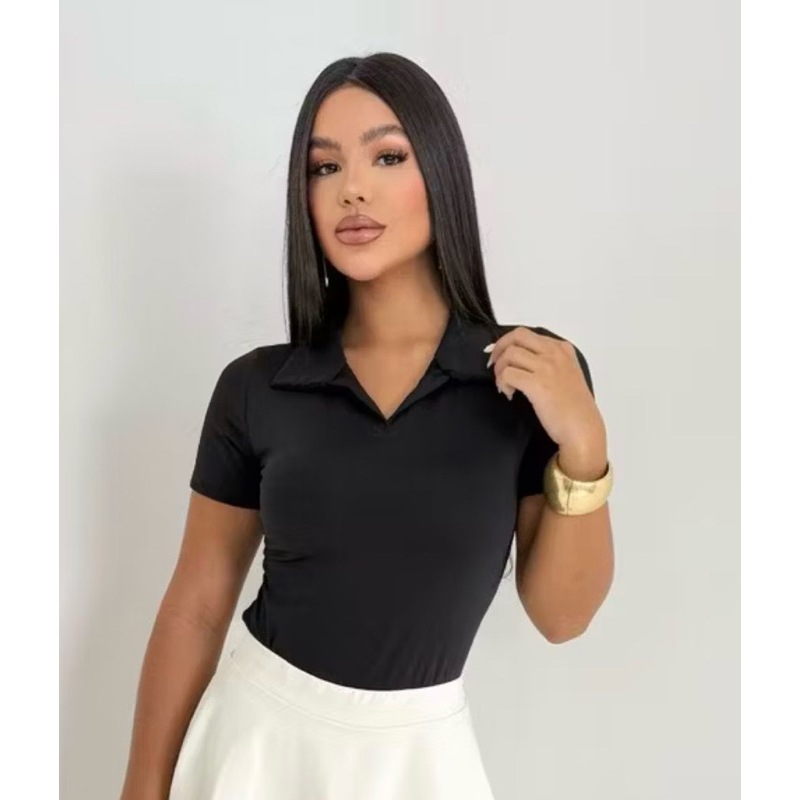 BLUSA GOLA POLO MODA FEMININA BÁSICO CASUAL SOCIAL TRABALHO RIBANA ALGODÃO MANGUINHA VERÃO DIA A DIA ELEGANTE