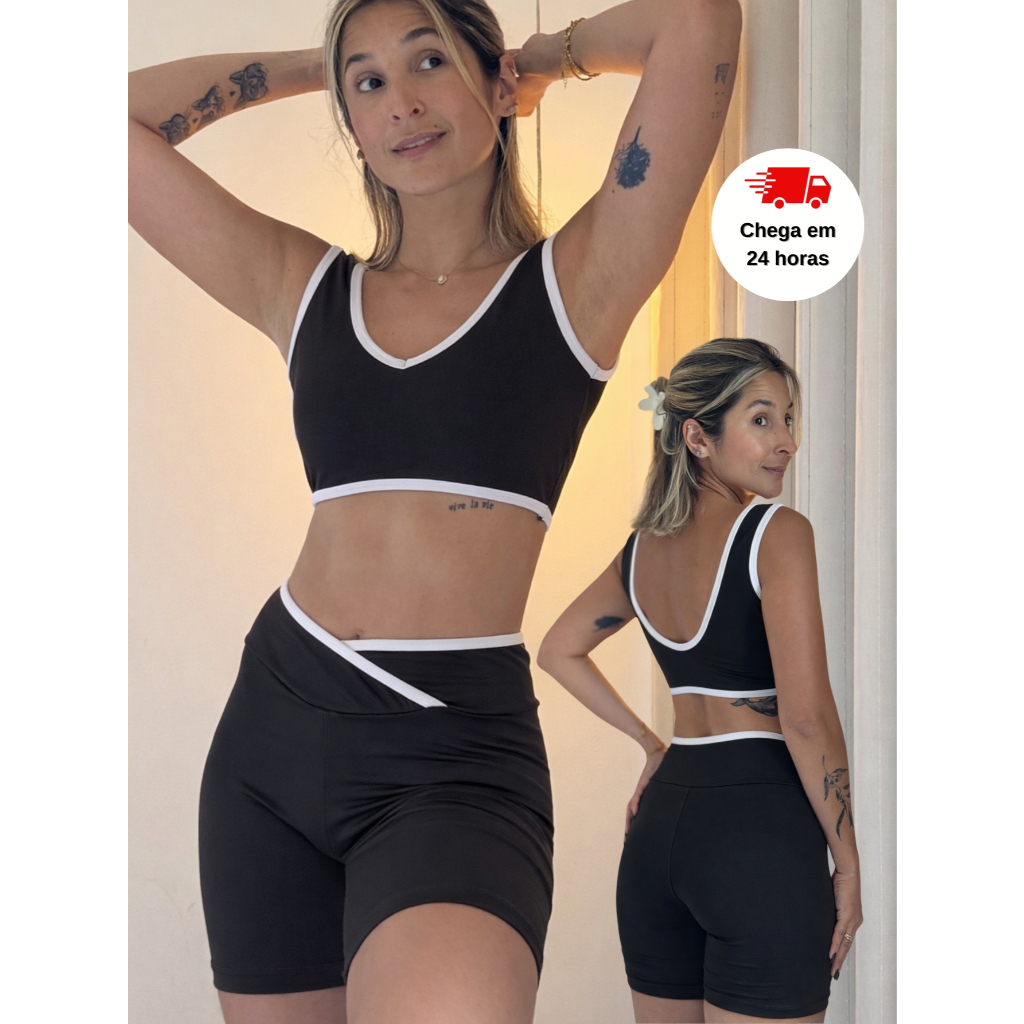 Conjunto Fitness Academia Feminino Bicolor  Shorts  cintura alta + Top Esporte Viés