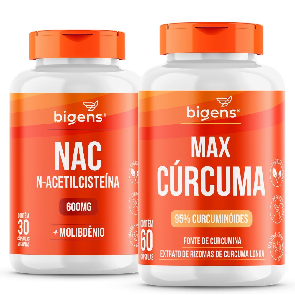 Kit NAC 600mg Bigens + Max Cúrcuma 95% Curcuminoides 90 Cápsulas