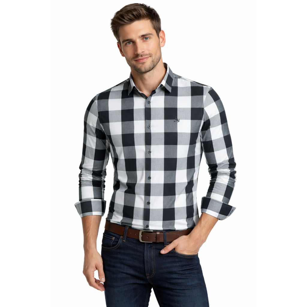 Camisa Social Masculina Amil Xadrez Manga Longa Slim Sem Bolso 100% Algodão