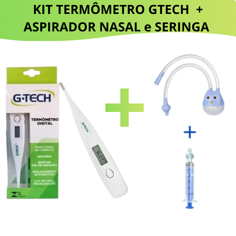 Kit Termômetro G-Tech + Kit Lavagem Nasal Aspirador Nasal e Seringa Sugador Catarro Bebê