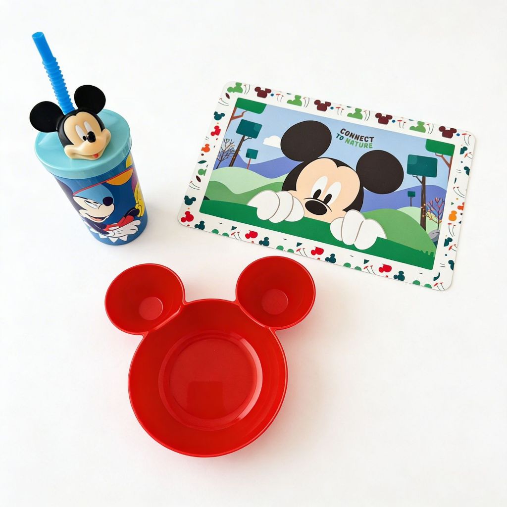 Kit Refeicao Lanchev Mickey com Jogo Americano, Copo com canudo flexivel, Bowl Pote Prato Tigela