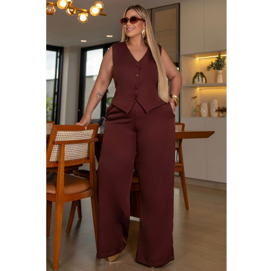 Conjunto PLUS SIZE Social na Alfaiataria Colete botões Calça  Pantalona  Escritório  Uniforme em Oferta na Shopee