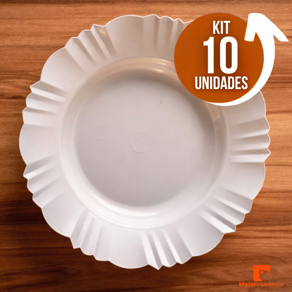 Kit 10 Pratos Fundos Redondos Branco Plástico com Borda  Para Refeições em Oferta na Shopee