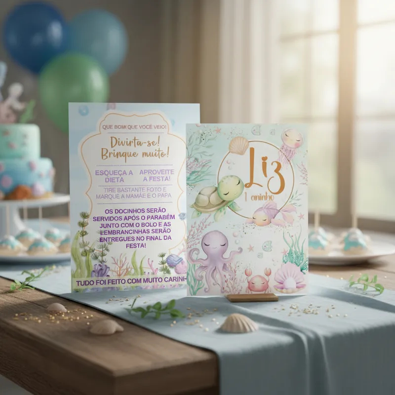 Plaquinha para mesa personalizada com Nome, Idade e frase - Festa Infantil Fundo do Mar Menina - Aniversário - Decoração