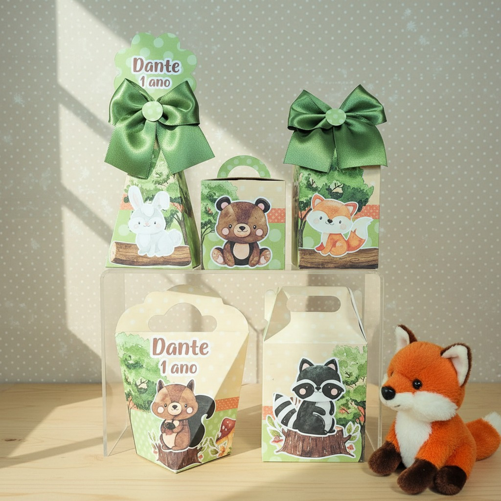 PEGUE E MONTE Kit Caixinhas Personalizadas para Bosque Encantado Menino Caixas para Lembrancinhas de Aniversário