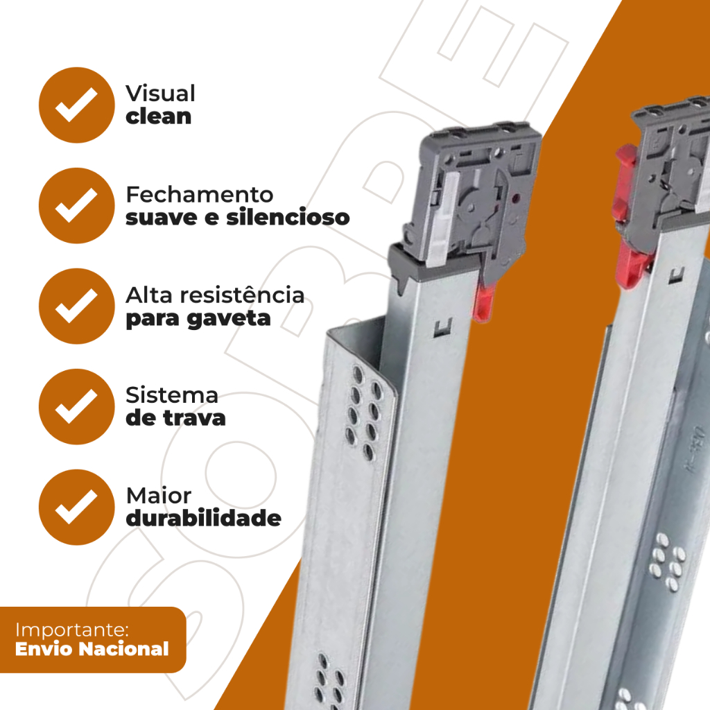 Detalhes do Par de Corrediça Invisível 50cm Soft Close 30kg Metalnox