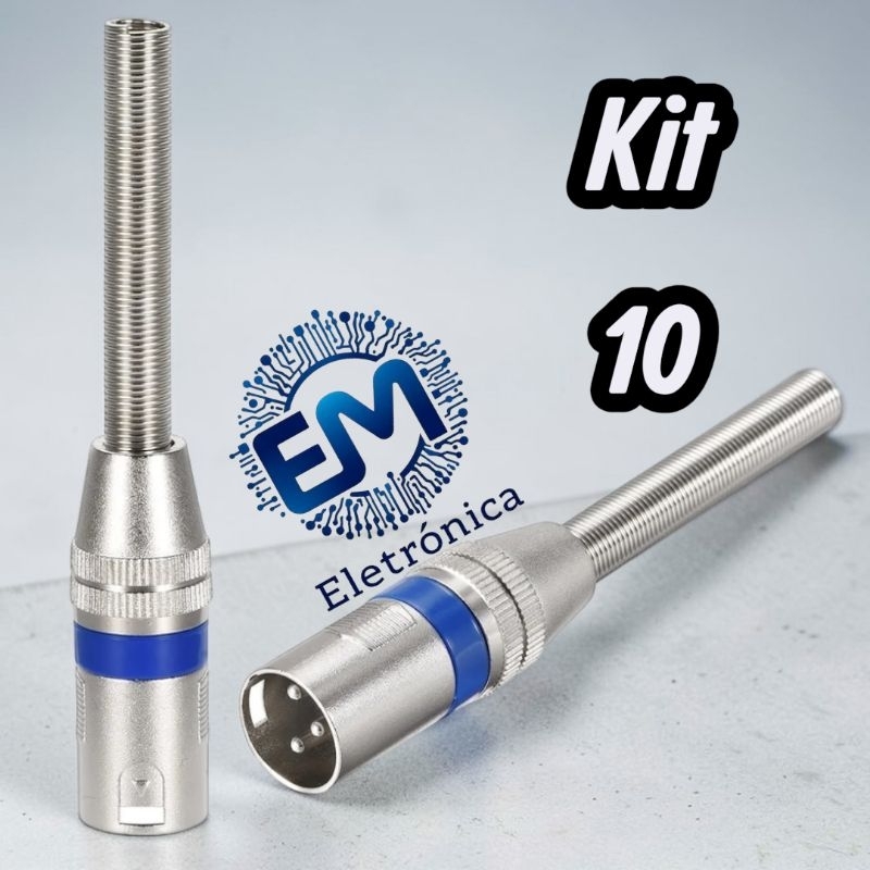 Kit 10 Conector XLR Macho 3 Pinos Metal Plug Canon Microfone Mesa de Som Profissional