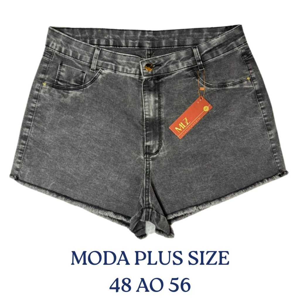 Short Feminino Plus Size Jeans Cintura Alta Elastano Cinza Grafite Preto Marmorizado Confortável em Oferta na Shopee