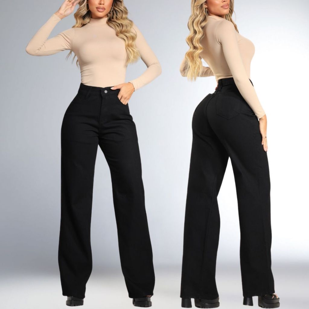 Calça Wide Leg Feminina Jenas Original Cintura Alta Levanta Bumbum Linha Premium Pantalona Perna Larga Marmorizada Black