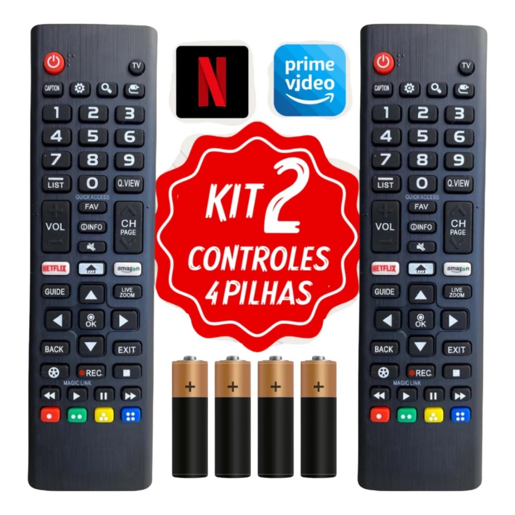 Kit 2 Controle Remoto Para Smart Tv LG + 4 Pilhas Com Teclas Netflix E Prime Video Controle Universal LG