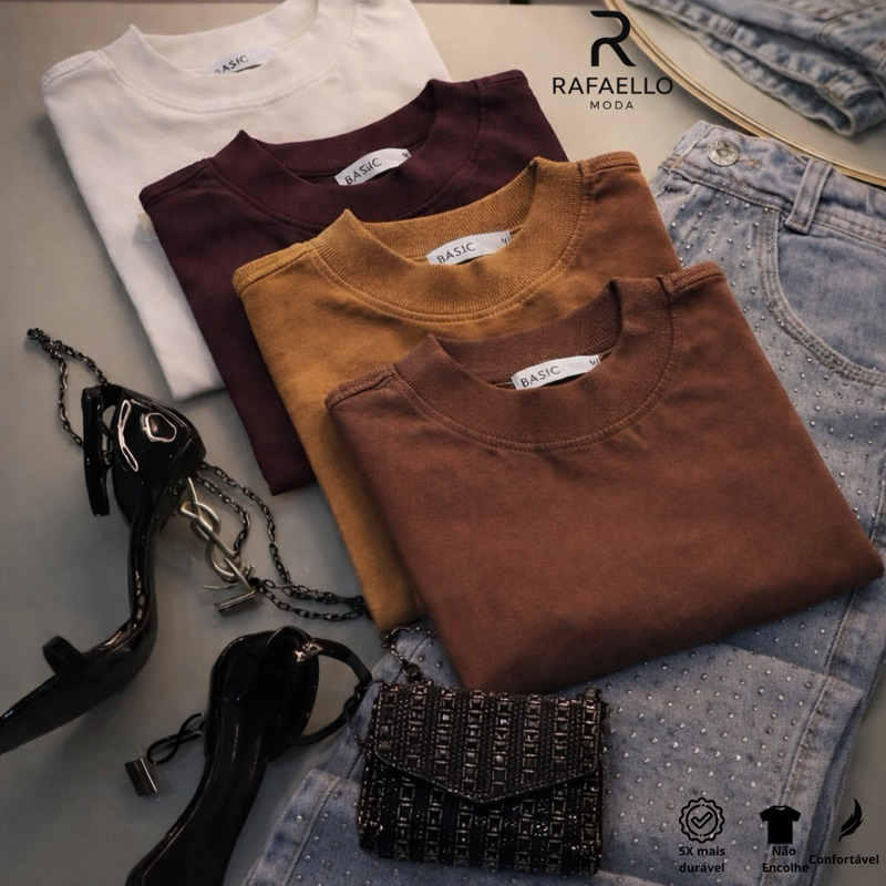 Blusa Feminina Gola Alta T-shirt 100% Algodao Ribana Camiseta Feminina Luxo em Oferta na Shopee