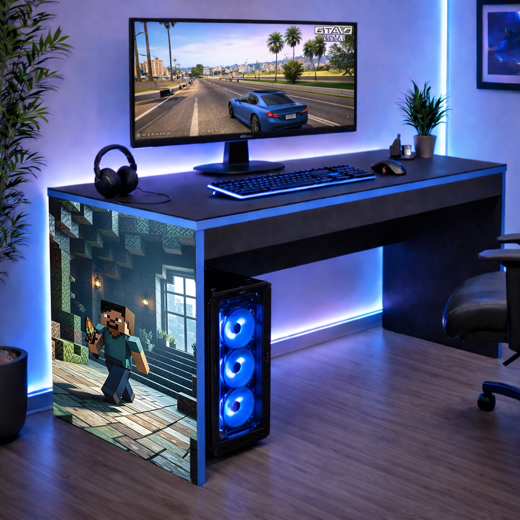 Mesa Informática Compacta Minecraft com Detalhes Azuis