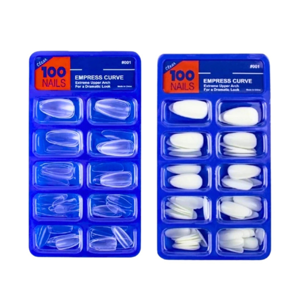 100 Unhas Postiças Almond / Bailarina em Branco & Transparente Curva Empress para Visual Dramático