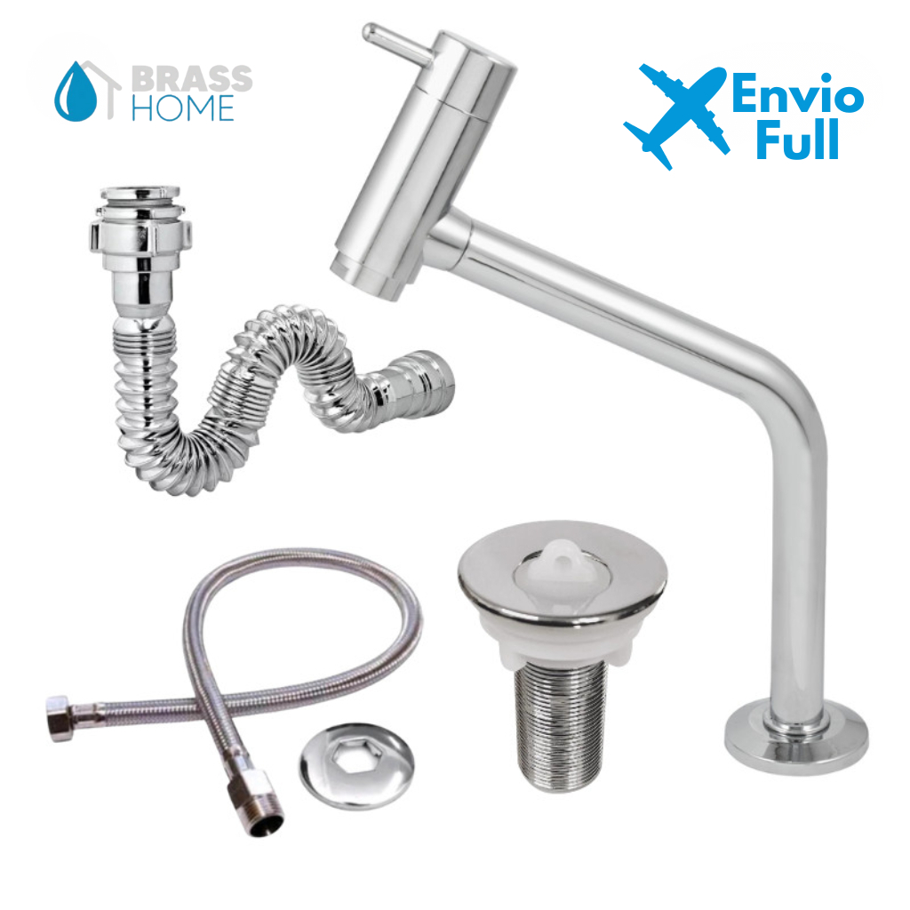 Kit ABS para Banheiro Torneira Cuba Cromada + Válvula 7/8 Abs + Sifão + Engate 40 cm Inox Trançado