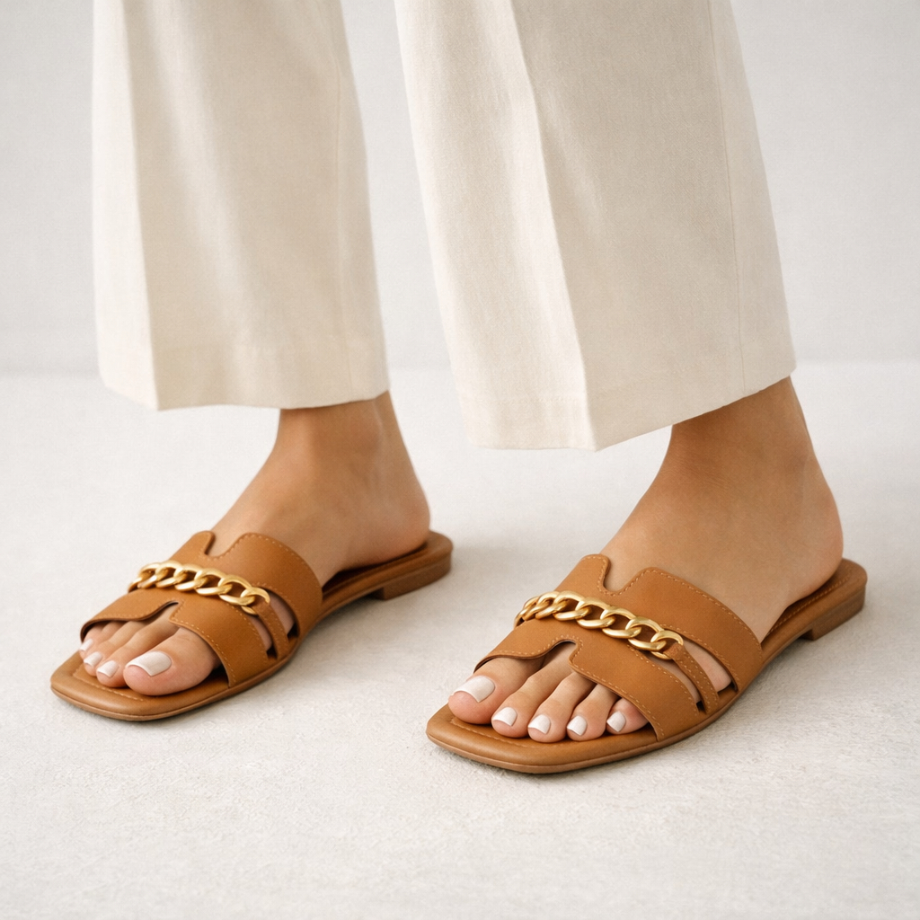 Sandalia Rasteira Feminina H com Corrente Dourada Confortável Leve Sandália Casual Elegante Dia a Dia