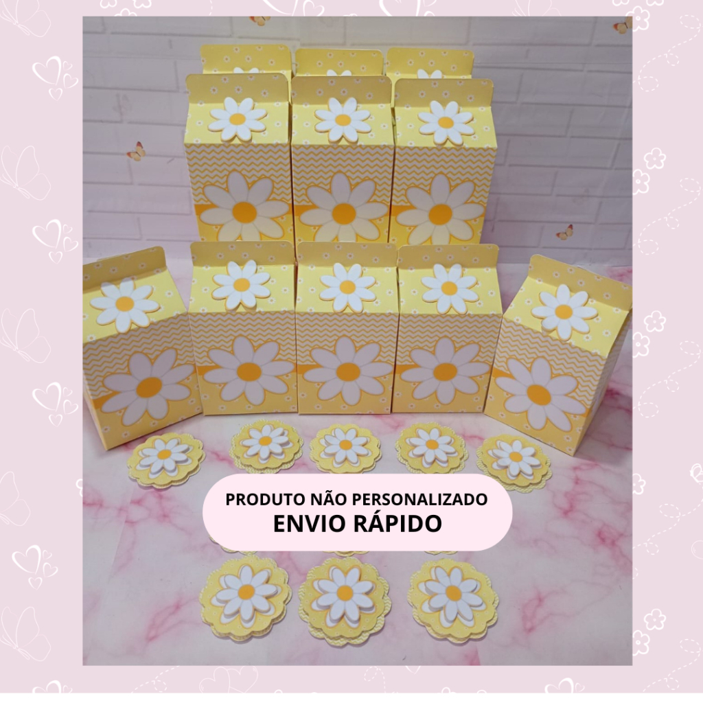 Kit 10 Caixas Milk +10 Apliques 3D - Pronta Entrega - Margaridas Amarelas - Envio Imediato - lembrancinha Pronta Entrega