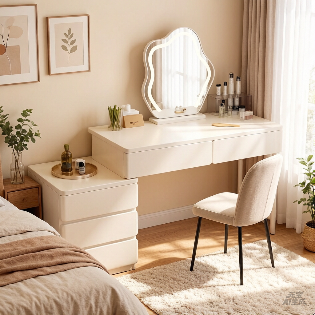 Penteadeira com Espelho LED e Criado-Mudo Multifuncional com 5 Gavetas