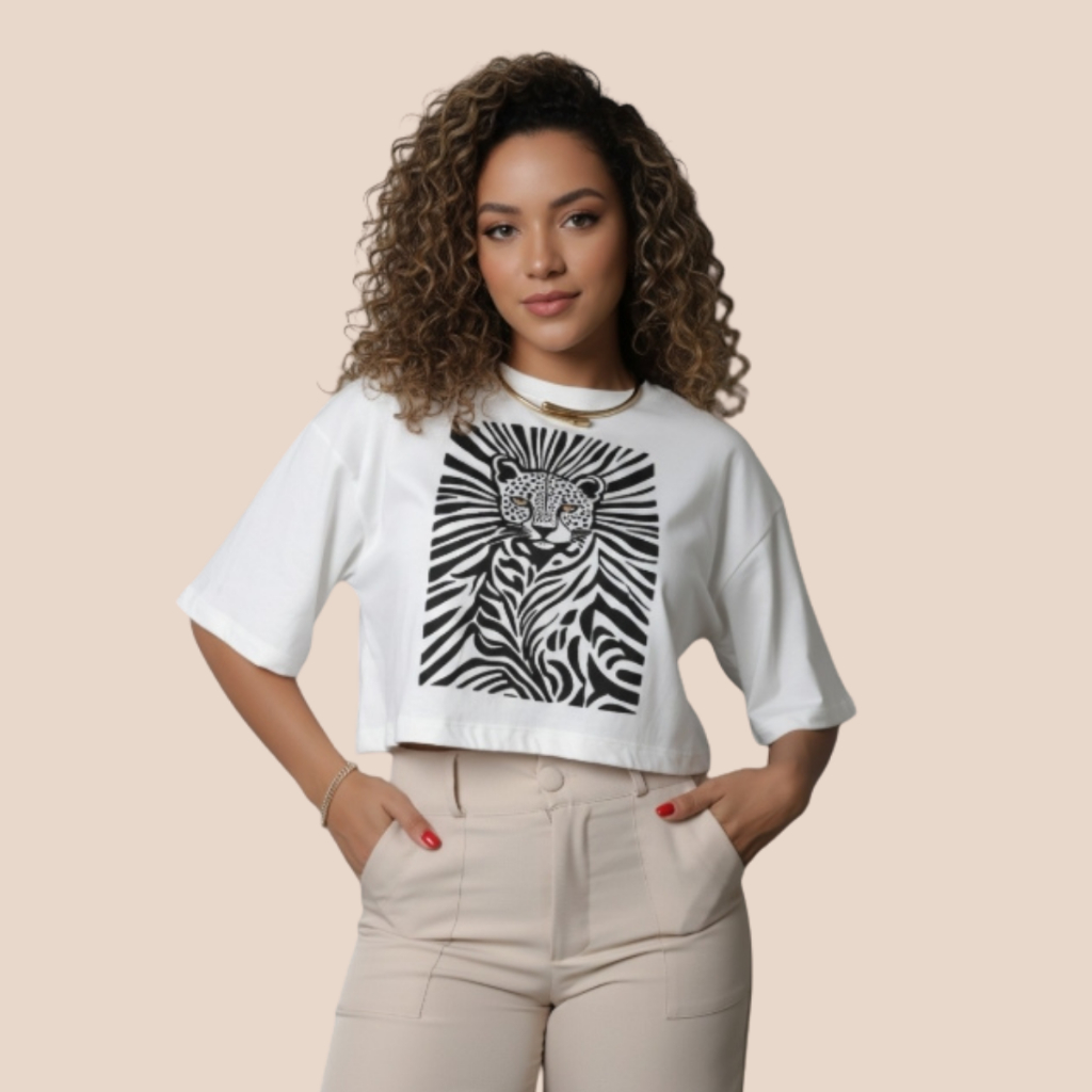 Cropped Oversized Feminino Estampa Tigre Fitness Estampado 100% Algodão Blusa Estilosa e Confortável para o Dia a Dia