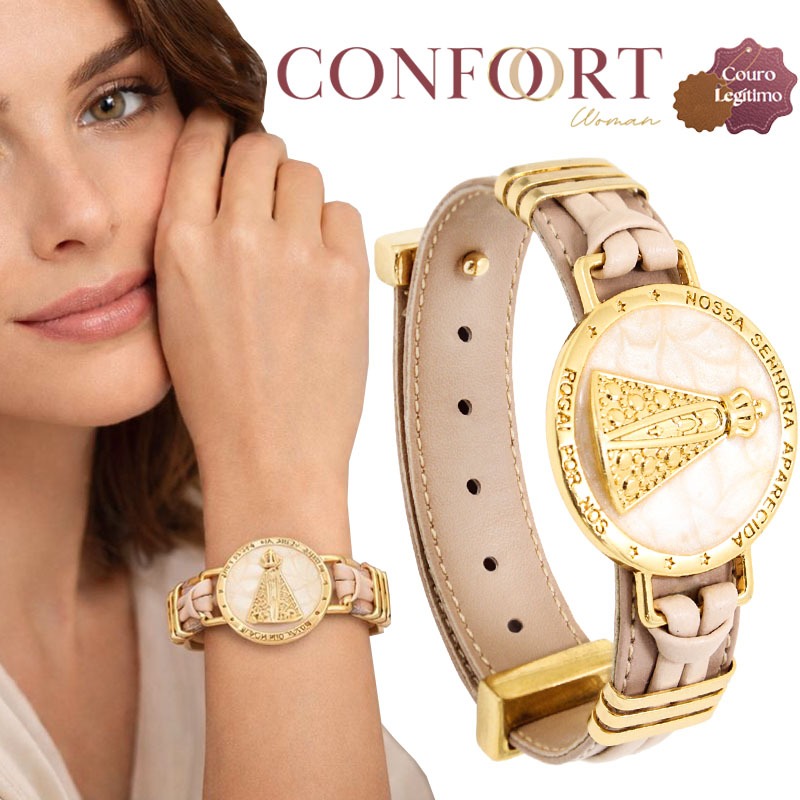 Pulseira Feminina Semijóia Couro Country Nossa Senhora Proteção Fé Mãe Protetora - MODELOS PREMIUM