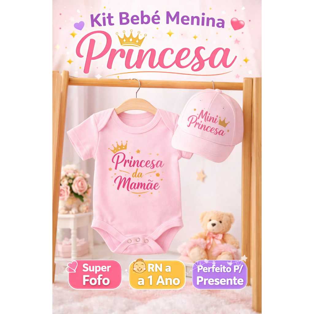 Kit Body Bebê Menina Princesa da Mamãe + Boné Mini Princesa Roupa Infantil Rosa Presente Recém Nascido