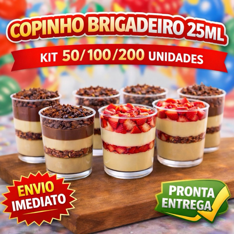 KIT 50/100/200/300 COPINHO 25 ML BRIGADEIRO ACRÍLICO + 100 MINI COLHER