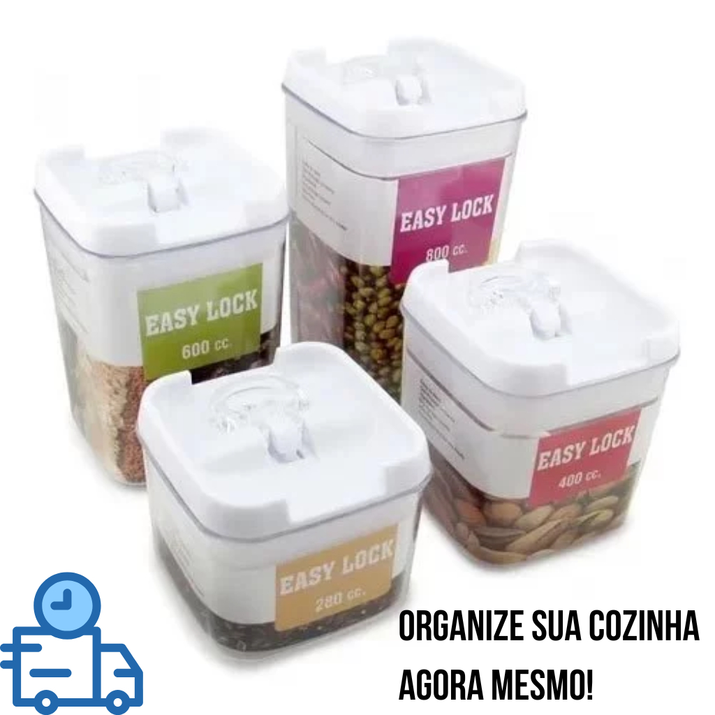Jogo Potes Herméticos Easy Lock 4 Peças Acrílico Transparente Mantimentos Cozinha Organizador Alimentos Vedação Forte