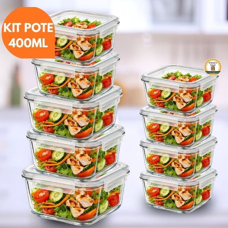 Kit 10 OU 5 Pote de Vidro Hermético Retangular 4 Travas Marmita Fit Microondas Mantimentos